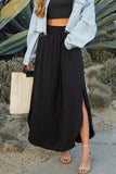 Smocked Waist Maxi Skirt with Pockets Black