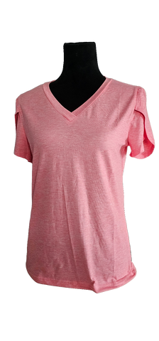 CORAL PINK LITTLE PUFF V NECK TOP. SIZES LEFT. S. M. L. XL.